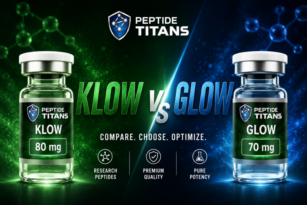 KLOW 80 mg and GLOW 70 mg research vials side by side for comparison.