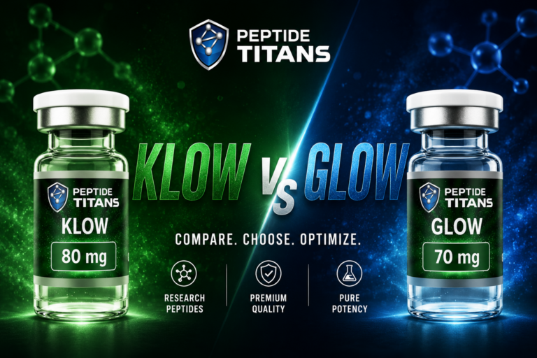 KLOW 80 mg and GLOW 70 mg research vials side by side for comparison.