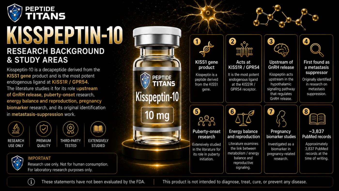 Kisspeptin-10 research vial with eight panels covering KISS1R signalling, puberty onset and reproduction research.