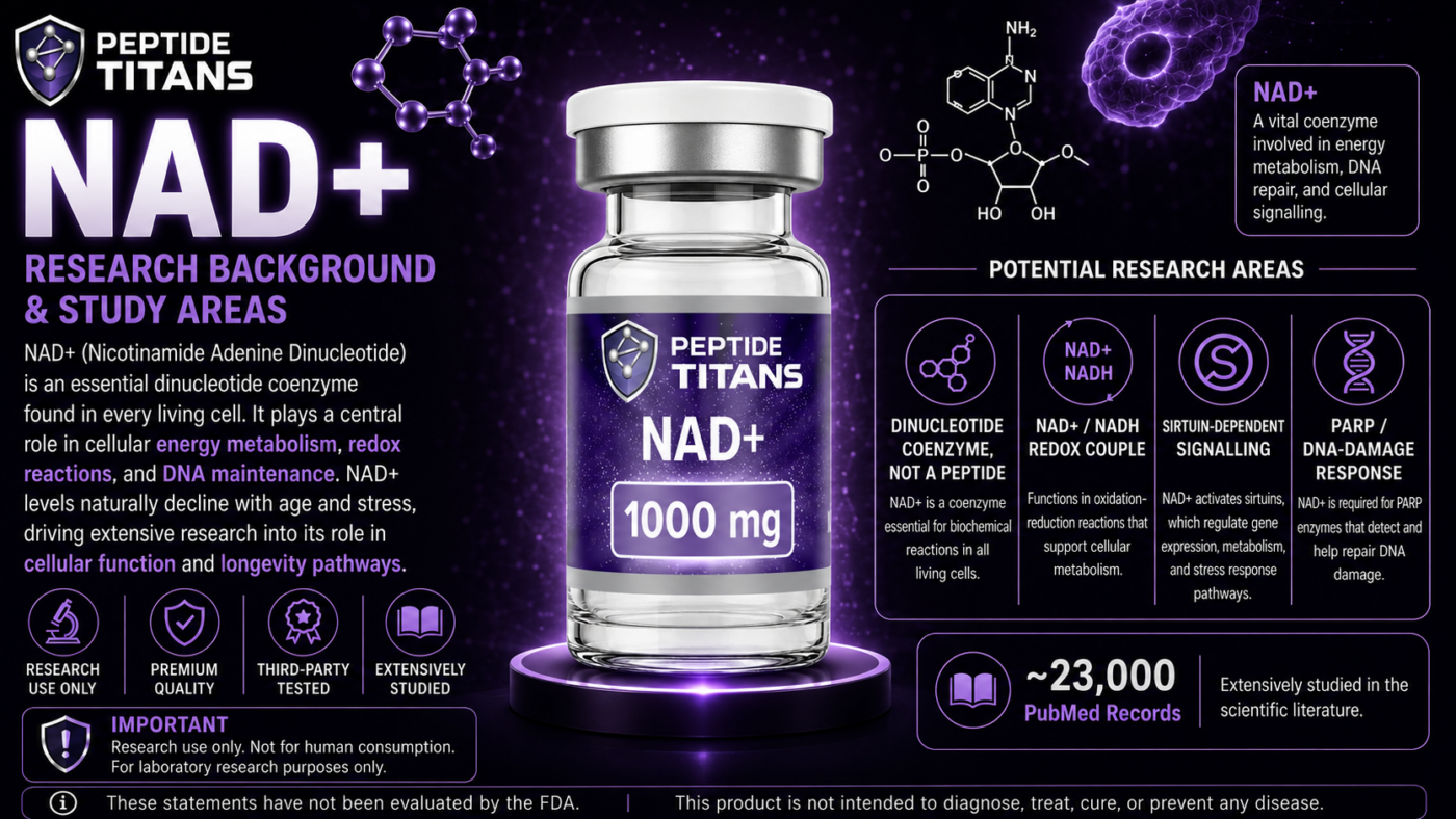 NAD+ 1000 mg research vial with structure and four research panels: a coenzyme, not a peptide.