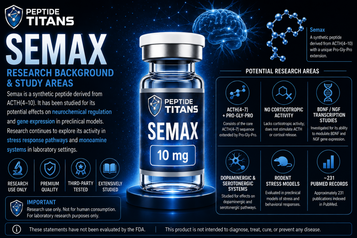 Semax 10 mg research vial with six research-area panels covering ACTH(4-7) and neurotrophin studies.
