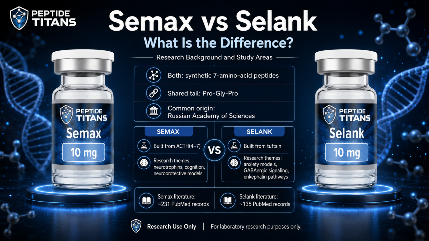 Semax and Selank research vials side by side, comparing their shared Pro-Gly-Pro tail and separate research themes.