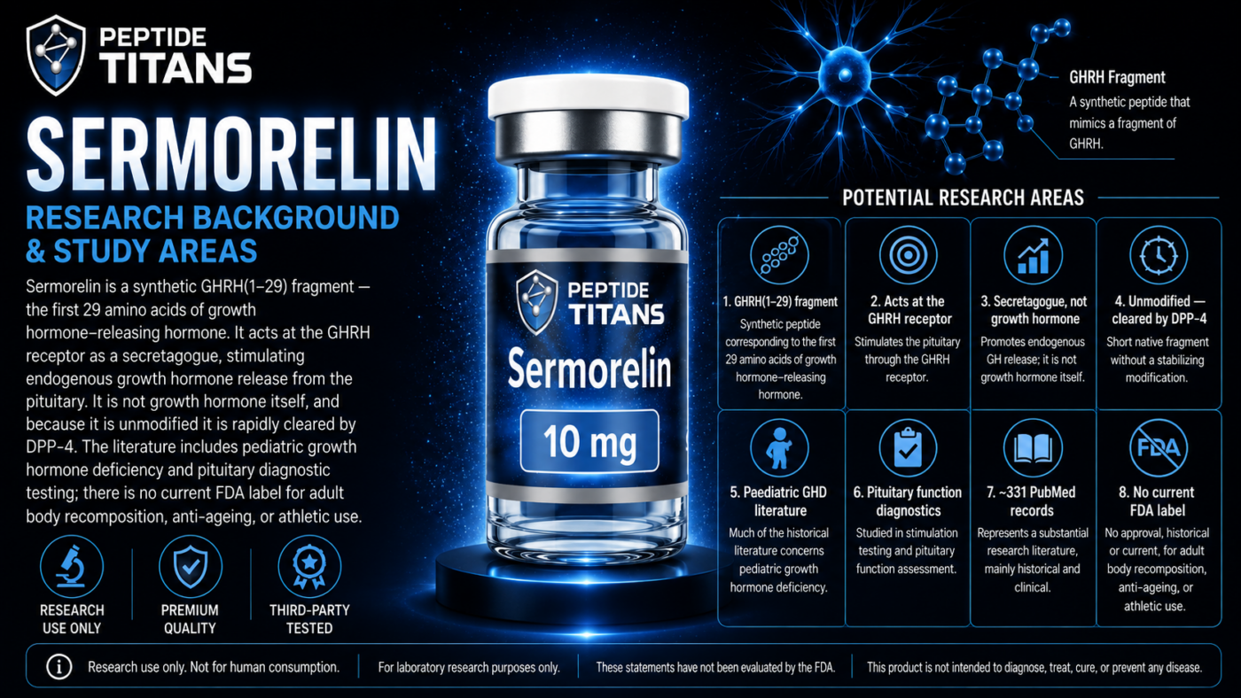 Sermorelin 10 mg research vial with eight research-area panels covering the GHRH(1-29) fragment and its literature.