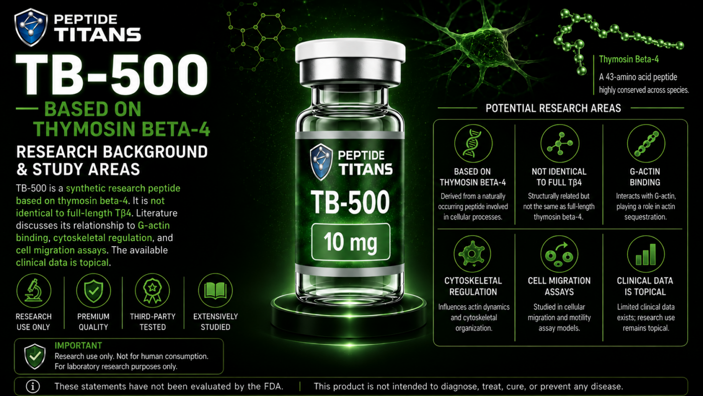 TB-500 10 mg research vial with six research-area panels covering thymosin beta-4 and actin binding.