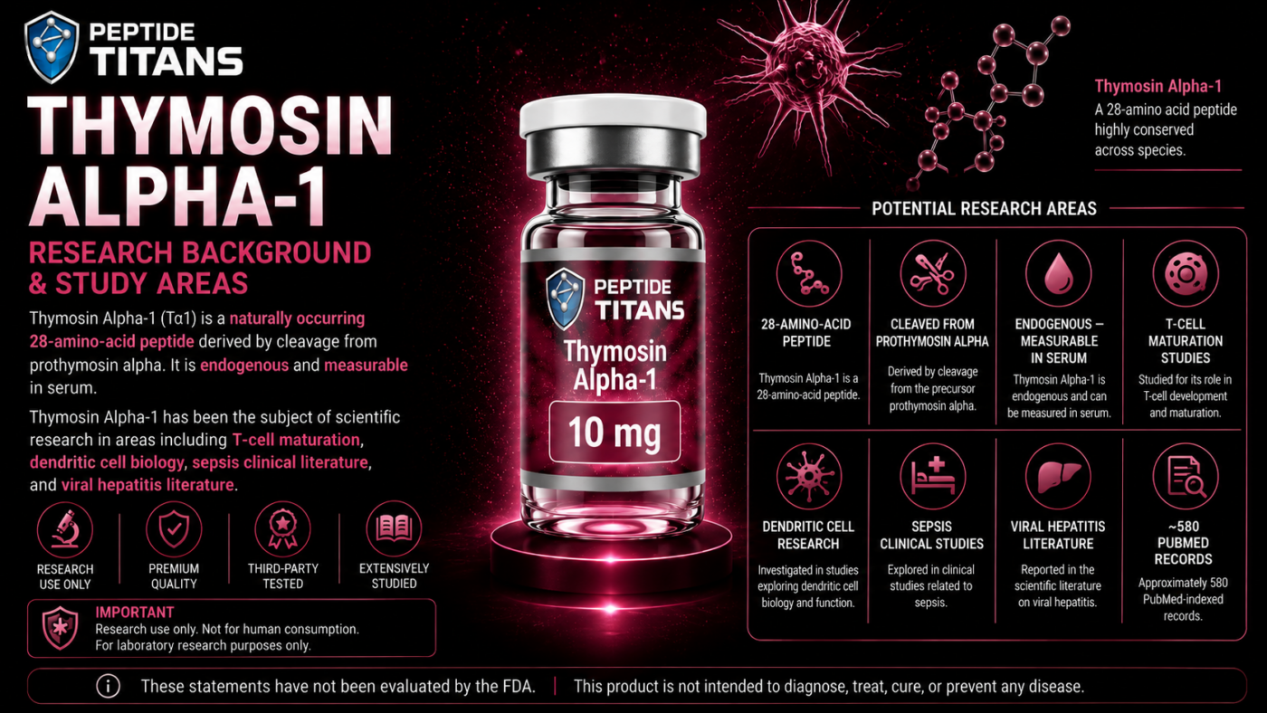 Thymosin Alpha-1 research vial with eight panels covering T-cell maturation, sepsis and viral hepatitis literature.