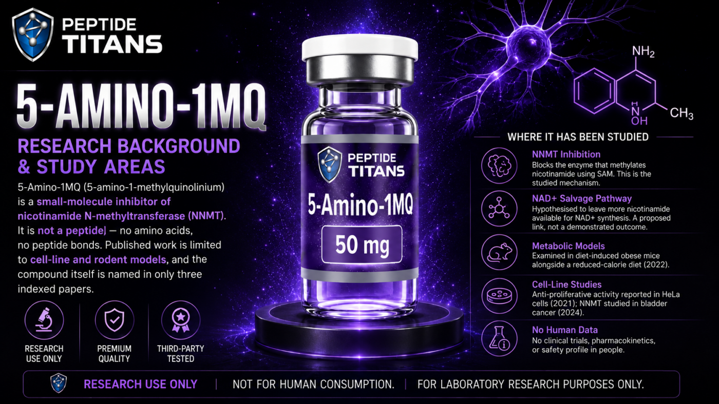 5-Amino-1MQ 50 mg research vial with structure: a small-molecule NNMT inhibitor, not a peptide, studied preclinically.