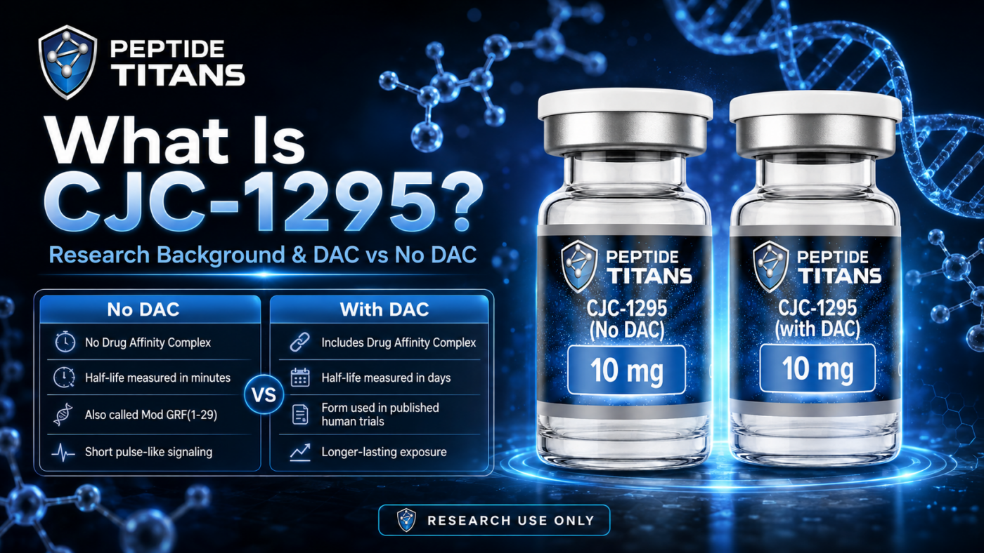 CJC-1295 research vials, No DAC and with DAC, side by side comparing half-life and signalling duration.