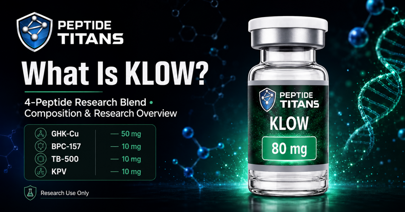 KLOW 80 mg four-peptide blend vial with its composition: GHK-Cu, BPC-157, TB-500 and KPV.