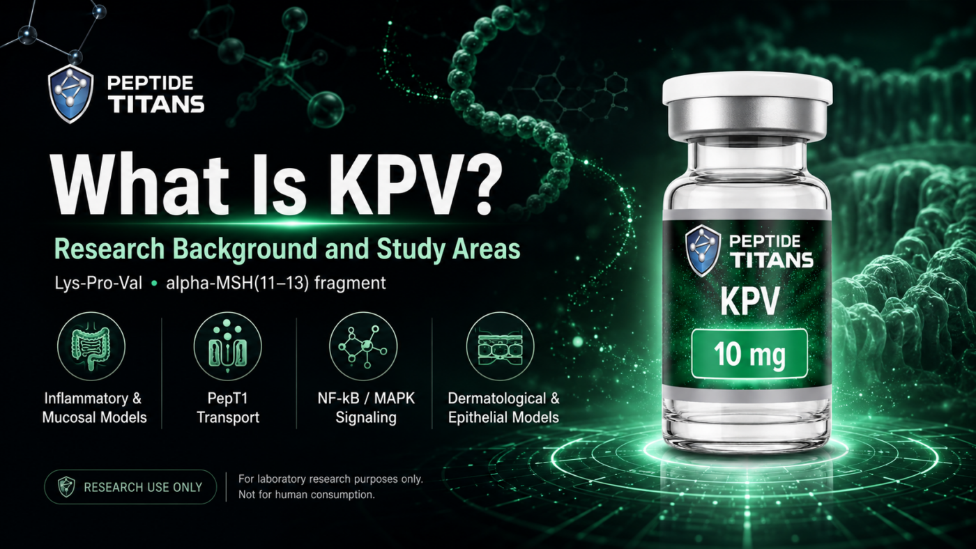 KPV 10 mg research vial: the Lys-Pro-Val alpha-MSH(11-13) fragment, with four research-area labels.