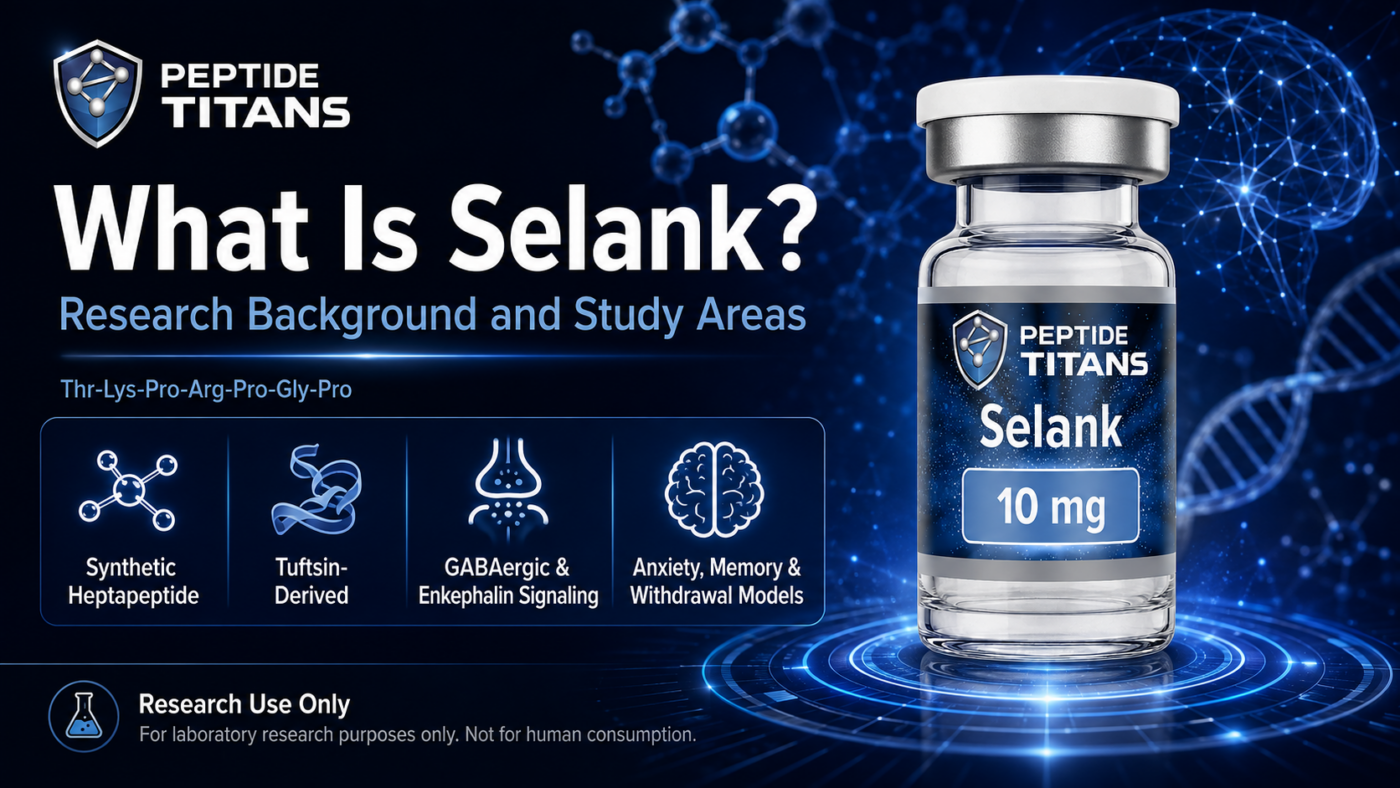Selank 10 mg research vial showing its heptapeptide sequence and four research-area labels.