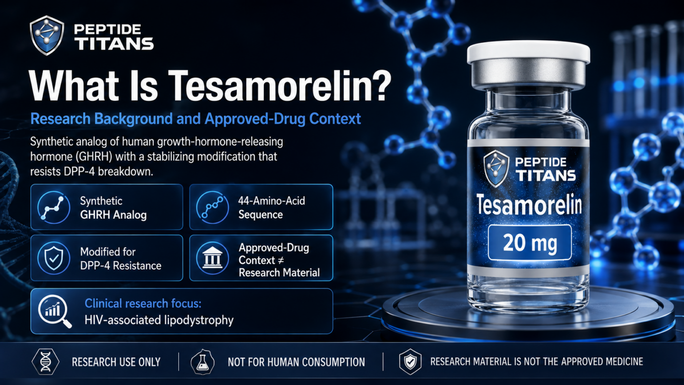 Tesamorelin 20 mg research vial: a synthetic GHRH analog modified to resist DPP-4 breakdown, with five research panels.