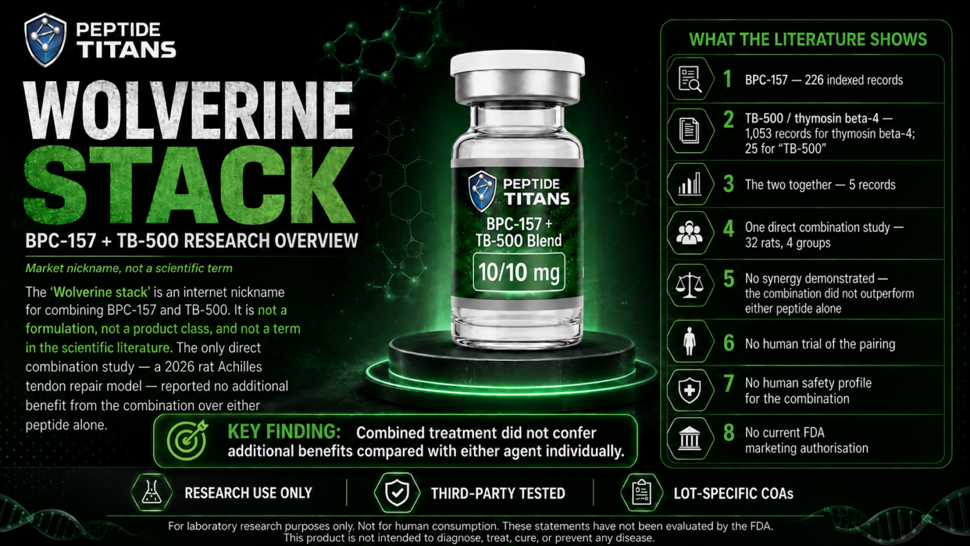 Wolverine stack infographic: BPC-157 and TB-500, with one rat study and no synergy shown.