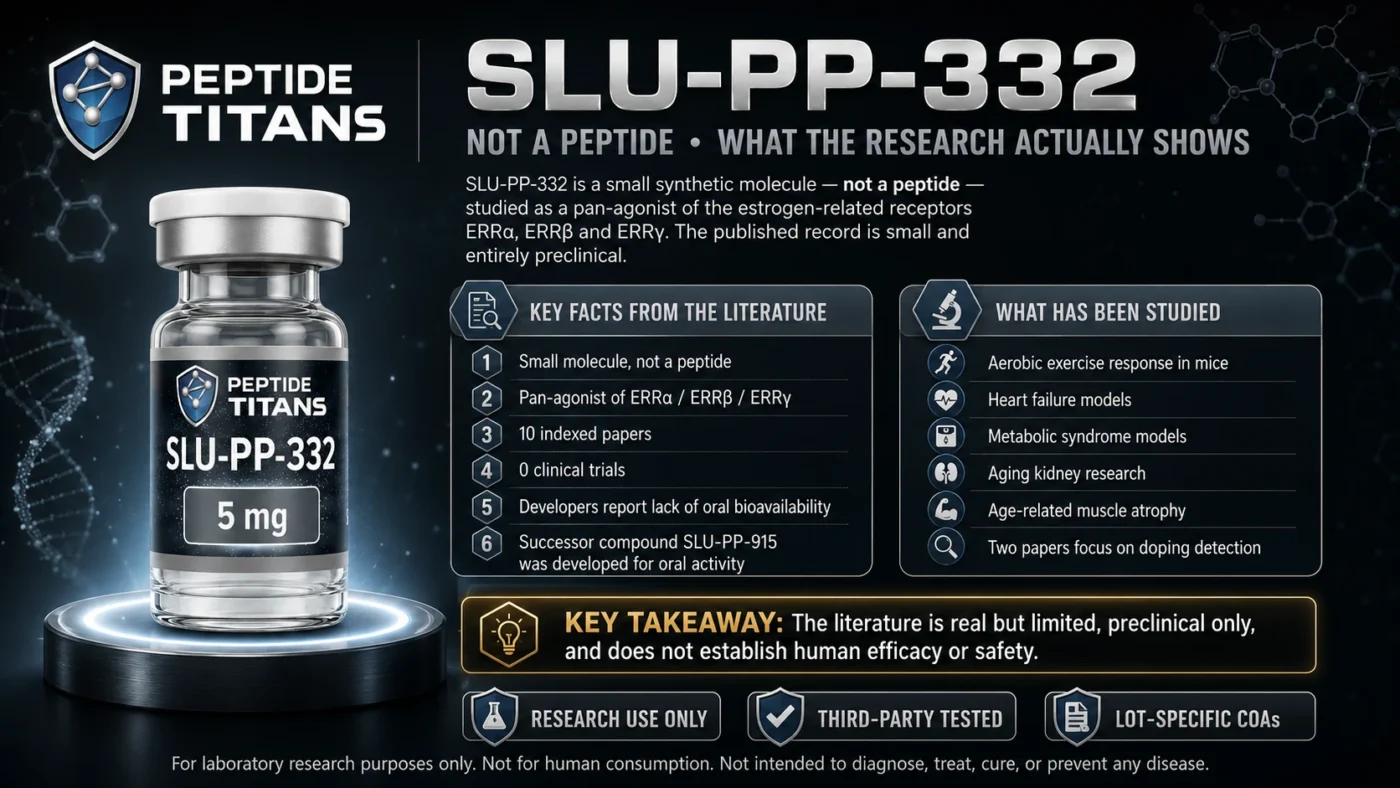 Infographic: SLU-PP-332 is a small molecule, not a peptide - an ERR pan-agonist with 10 papers and no clinical trials.