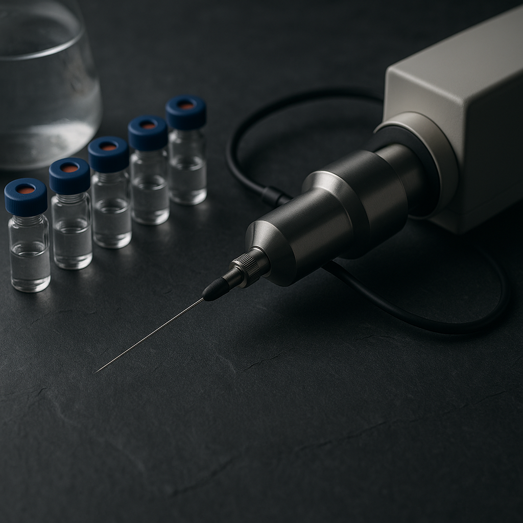 8-vial random lot testing LC-MS research concept image